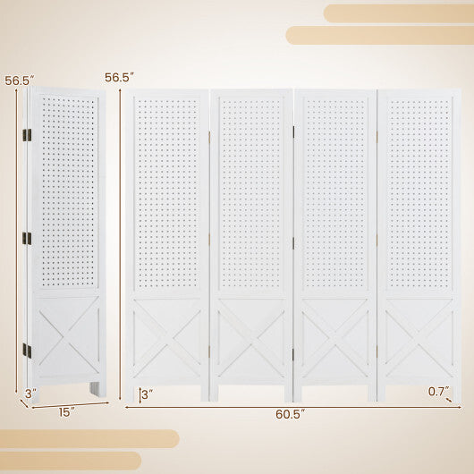 4-Panel Pegboard Display Stand Folding Room Divider with Solid Wood Frame-White