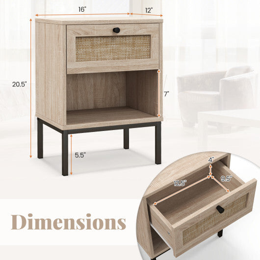 Rattan Nightstand Boho End Table with Rattan Drawer and Open Shelf Set of 2-White