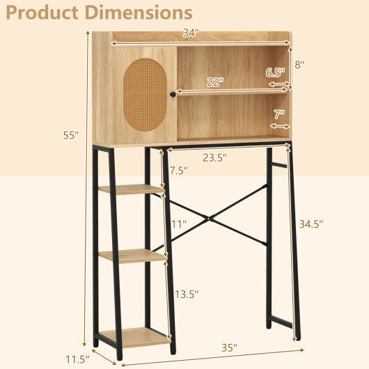 Over The Toilet Storage Cabinet with PE Rattan Door and Open Storage Shelves-Natural