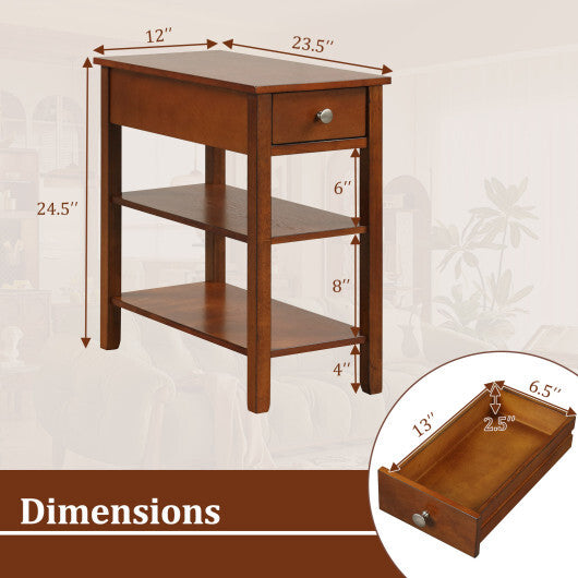 3-Tier Narrow End Table with Drawer and Storage Shelves Set of 2-Brown