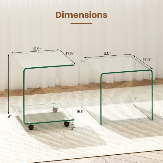 C-Shaped End Table Modern Tempered Glass Side Table with Shelf-White