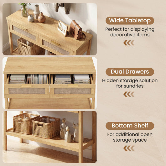Rattan Console Table with 2 Drawers and Bottom Shelf-Natural