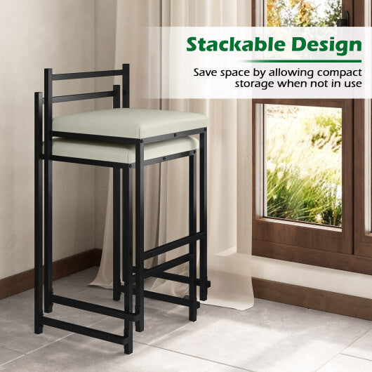 Set of 2 Stackable Counter Height Bar Stools PU Leather Upholstered with Footrest-Black