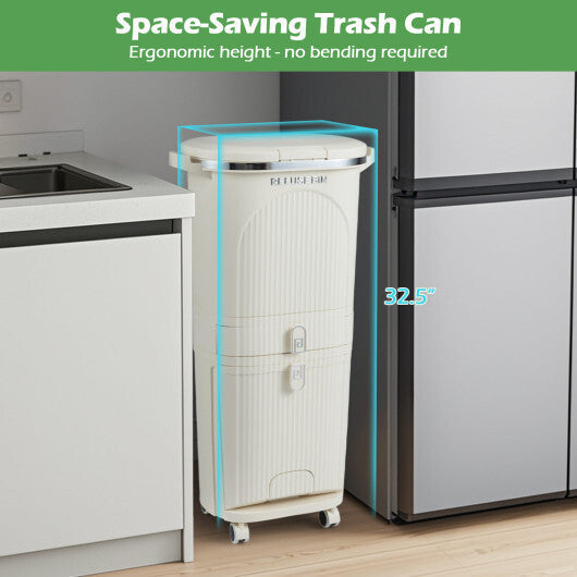 11 Gallon 3-Layer Kitchen Trash Can with Lid and 2 Removable Buckets-Beige