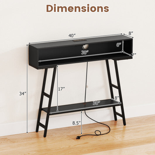 40" Console Table with Charging Station and LED Lights-Rustic Brown