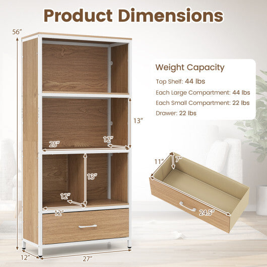 56" Tall Freestanding Bookcase with Drawer 5 Tier-RusticBrown