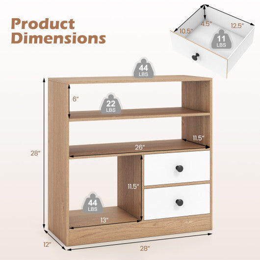 Open Storage Cabinet with 3 Open Compartments and 2 Drawer-Natural