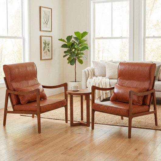 Modern Accent Chair with Solid Rubber Wood Faux Leather Upholstered Armchair-White