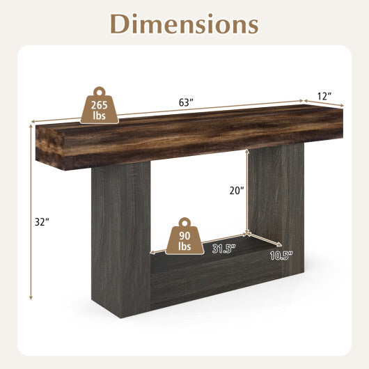 2-Tier Farmhouse Console Table 63" Long with Storage Shelf-Rustic Brown