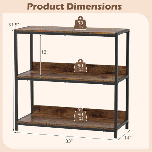 3-Tier Industrial Bookshelf with Wooden Shelves and Metal Frame-Rustic Brown