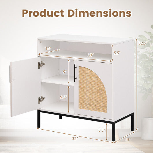 32" Sideboard Buffet Cabinet with 2 Natural Rattan Decorated Doors and Adjustable Shelf-Natural