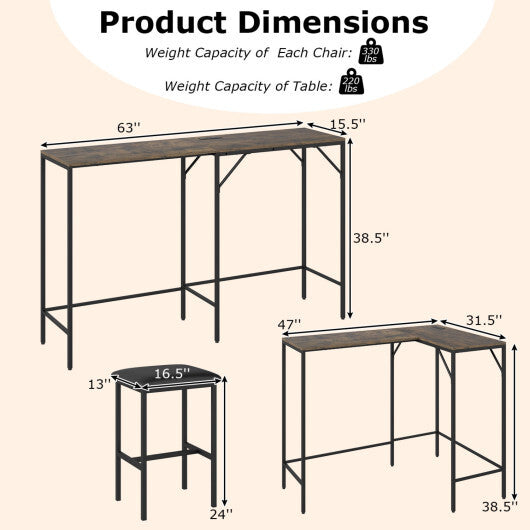 3-Piece Convertible L-Shaped Kitchen Table Chair Set with 2 AC Outlets USB Port and Type-C Port-Black