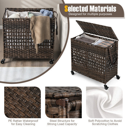 110L 2-Section Laundry Hamper with 2 Removable and Washable Liner Bags-Brown - Color: Brown