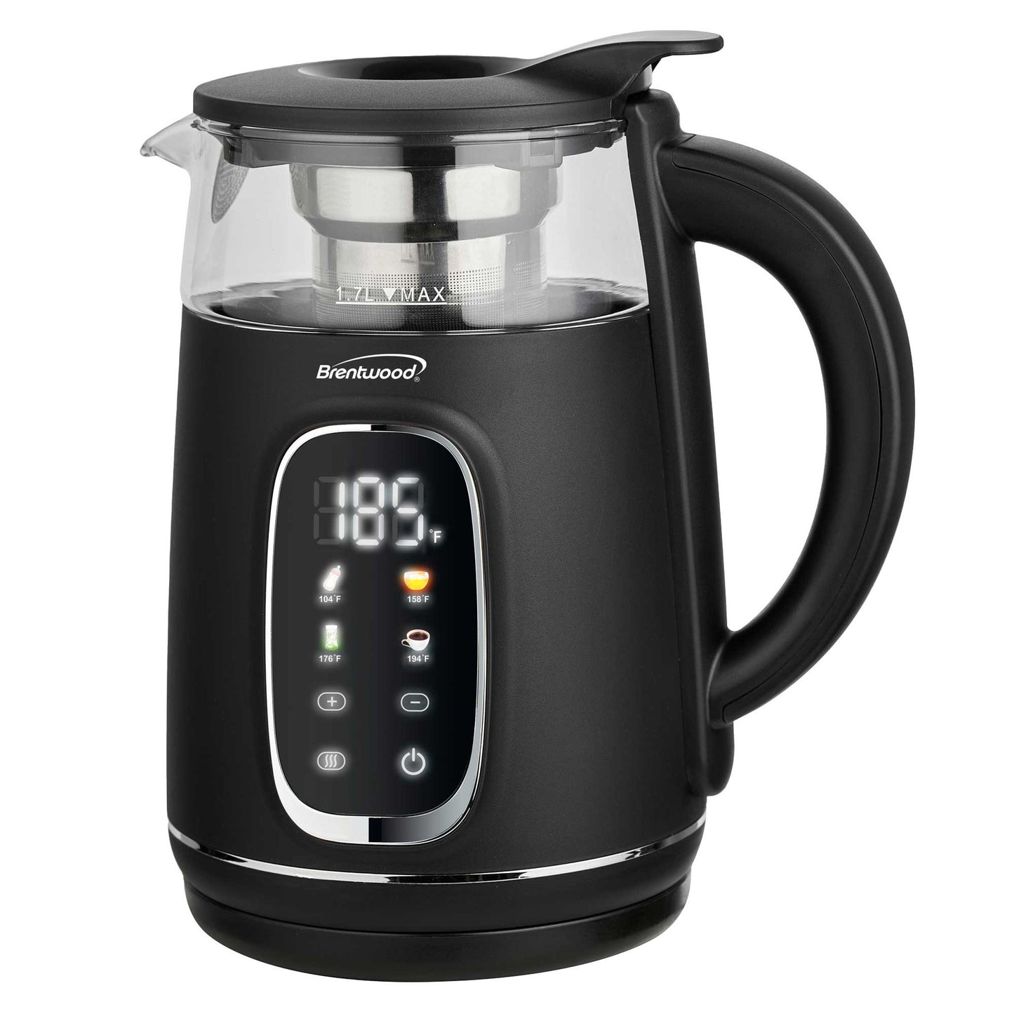 Brentwood 1.7L 1100W BPA Free 360 Cordless Digital Glass Electric Kettle in Black with Tea Infuser
