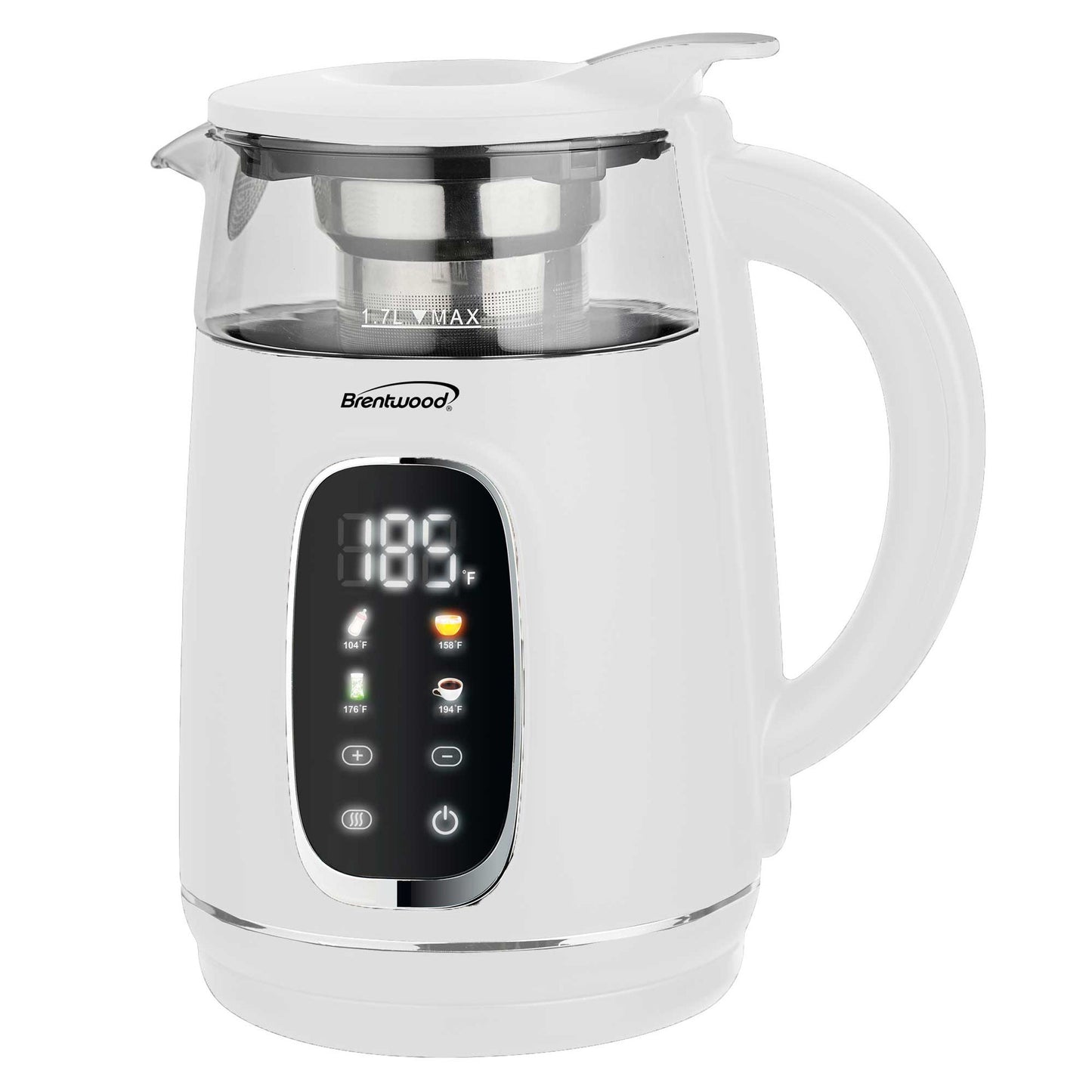 Brentwood 1.7L 1100W BPA Free 360 Cordless Digital Glass Electric Kettle in White with Tea Infuser