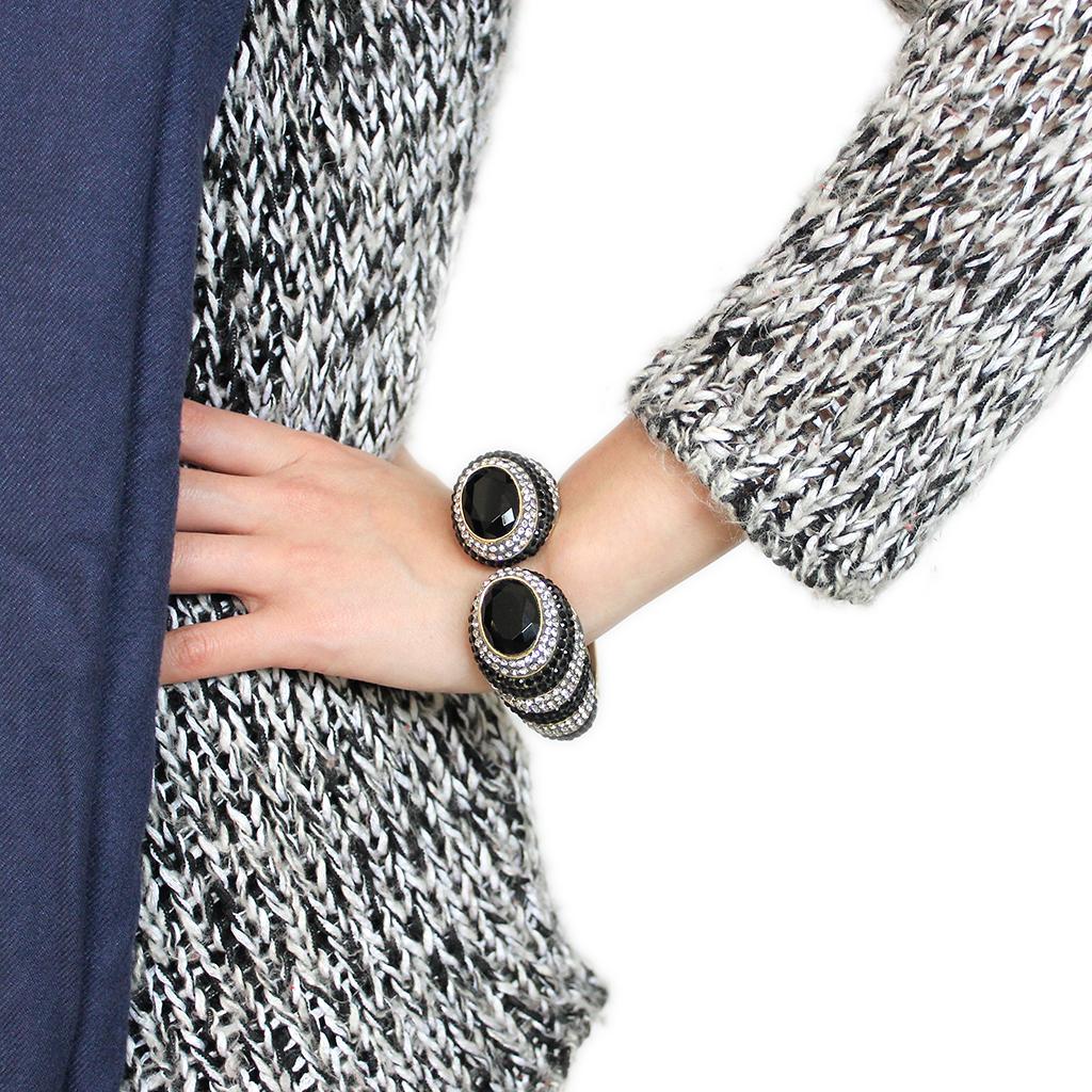 LO4274 - Gold Brass Bangle with Synthetic in Jet