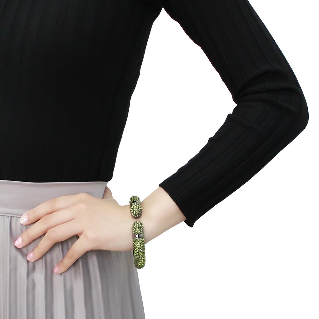 LO4314 - TIN Cobalt Black Brass Bangle with Top Grade Crystal in Peridot
