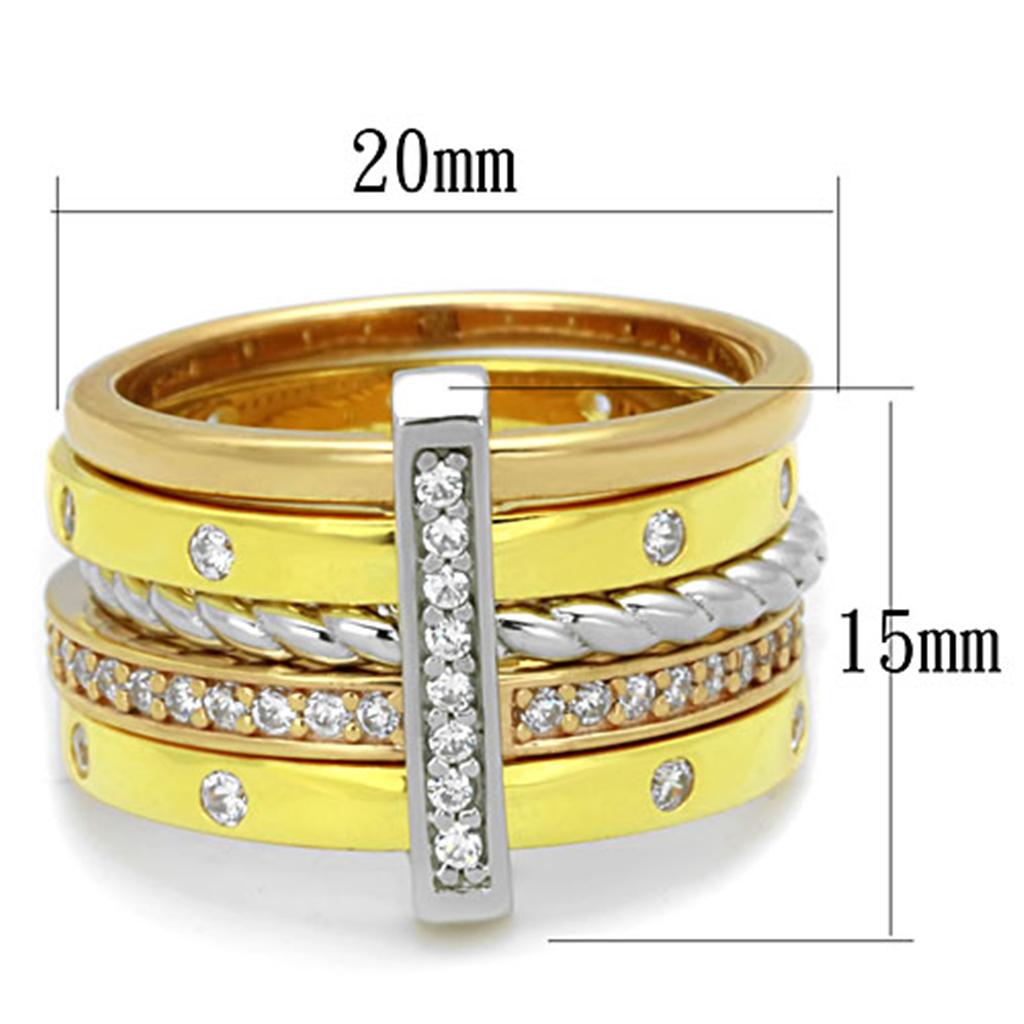 LOS810 - Rhodium + Gold + Rose Gold 925 Sterling Silver Ring with AAA Grade CZ in Clear
