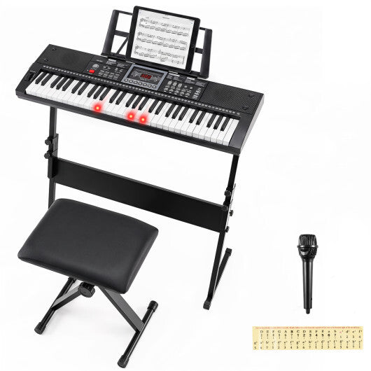 61 Key Keyboard Piano for Beginners with Stand Stool Lighted Keys-Black