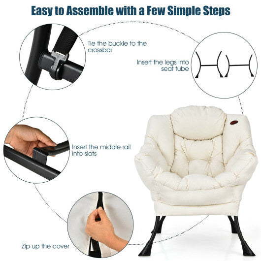 Modern Polyester Fabric Lazy Chair with Steel Frame and Side Pocket-Beige - Color: Beige