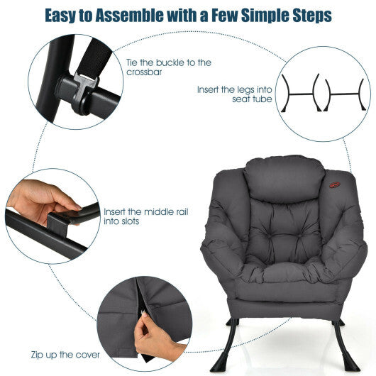 Modern Polyester Fabric Lazy Chair with Steel Frame and Side Pocket-Gray - Color: Gray