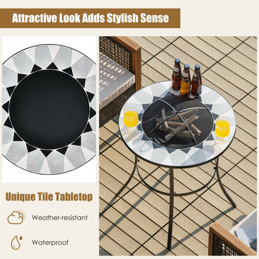 23.5 Inches Round Fire Pit Table with Mesh Cover and Fire Poker - Color: Black