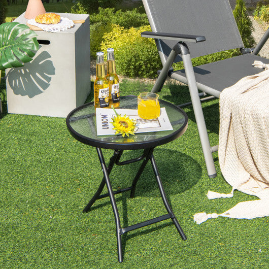 Set of 2 Round Patio Side Table with Tempered Glass Top-Black