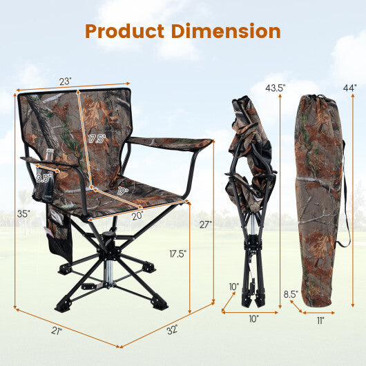 360 Swivel Hunting Chair Portable Foldable Hunting Chair with Mesh Cup Holder and Storage Pockets-Blue