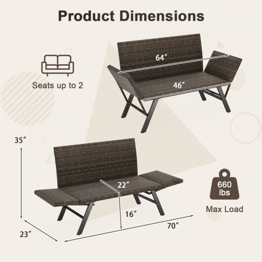 Patio Convertible Sofa for 2 Quick Dry Foam Padded Rattan with Armrests-Gray