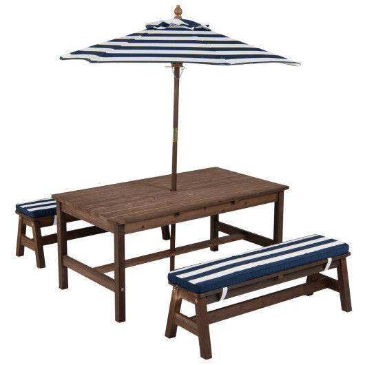 Outdoor Wooden Kids Picnic Table with Removable Umbrella and Cushions-Blue