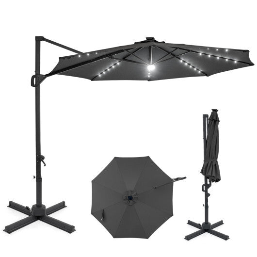 10 FT Cantilever Patio Umbrella with Solar LED Lights 360? Rotation-Brown