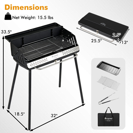 Portable Charcoal Grill with Detachable Legs Adjustable Grate and Carrying Bag