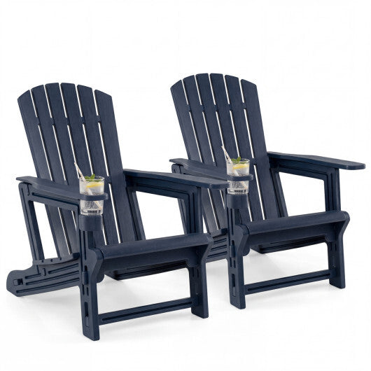 Set of 2 HDPE Adirondack Chair with Cup Holder and Wood-Like Texture for Garden-Black