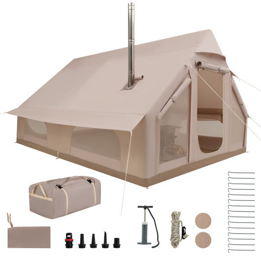 Inflatable Easy Setup 4 Season Waterproof Oxford Camping Tent for Camping with Stove Jack for 6-10 Person-Beige