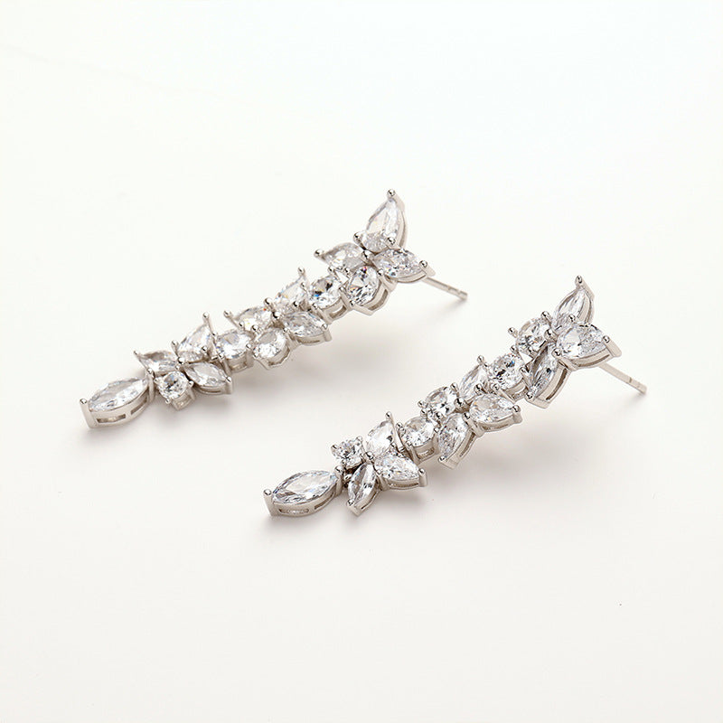 S925 Silver Sweet Temperament Women's Long Zircon Earrings