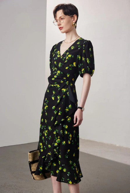 Women's Stomach Blanket-style Lace Printing Short-sleeved Silk Dress