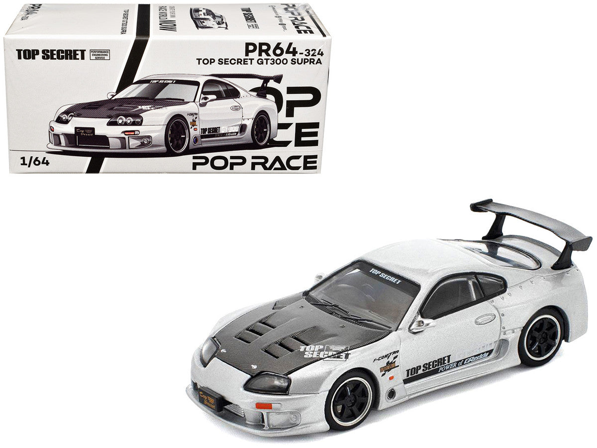 Toyota Supra "Top Secret" GT300 RHD (Right Hand Drive) Silver Metallic with Carbon Hood 1/64 Diecast Model Car by Pop Race