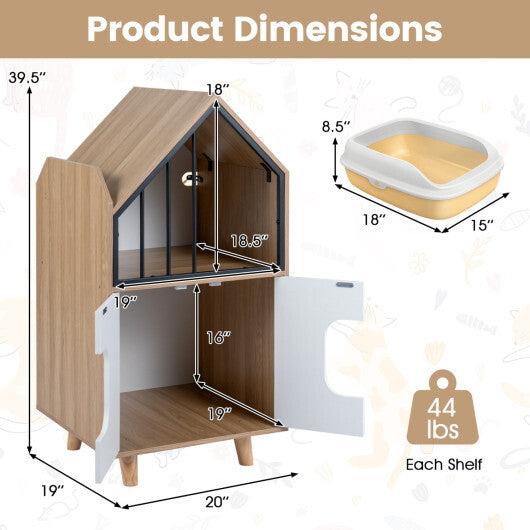 Cat Litter Box Enclosure with Shelf and 2 Doors Wooden House-Shaped for IndoorNatural