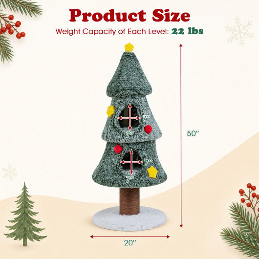 Christmas Cat Tree with 2 Condos Scratching Post and Decorative Stars-Green
