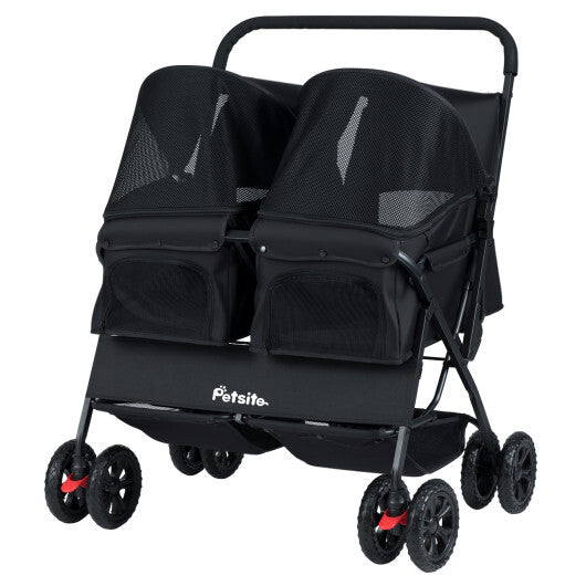 Foldable Double Pet Stroller with Adjustable Sunshade and Storage Basket-Gray