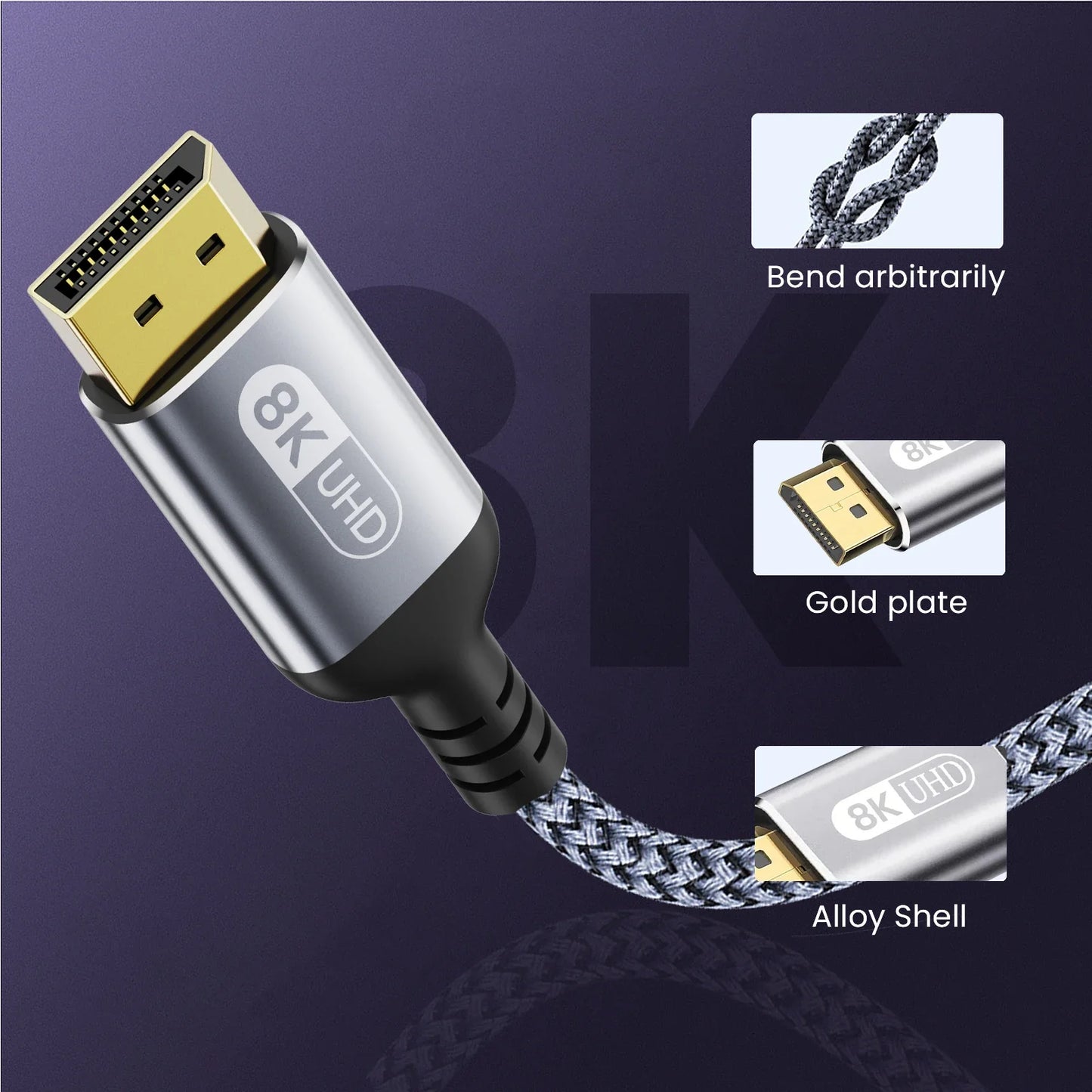 8K DP Cable DisplayPort Cable 1.4 High Speed Display Port Cord 8K@60Hz G-Sync FreeSync 4K@144Hz 2K@240Hz HDR 10 32.4Gbps