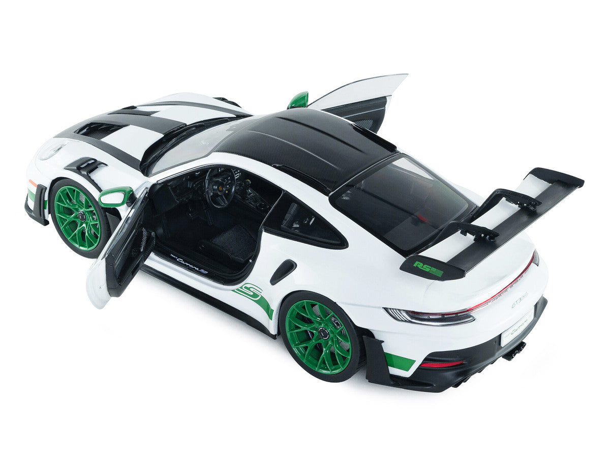 2024 Porsche 911 GT3 RS "Tribute to Carrera RS Package" White with Carbon Hood Stripes and Top and Green Side Stripes and Wheels 1/18 Diecast Model Car by Solido