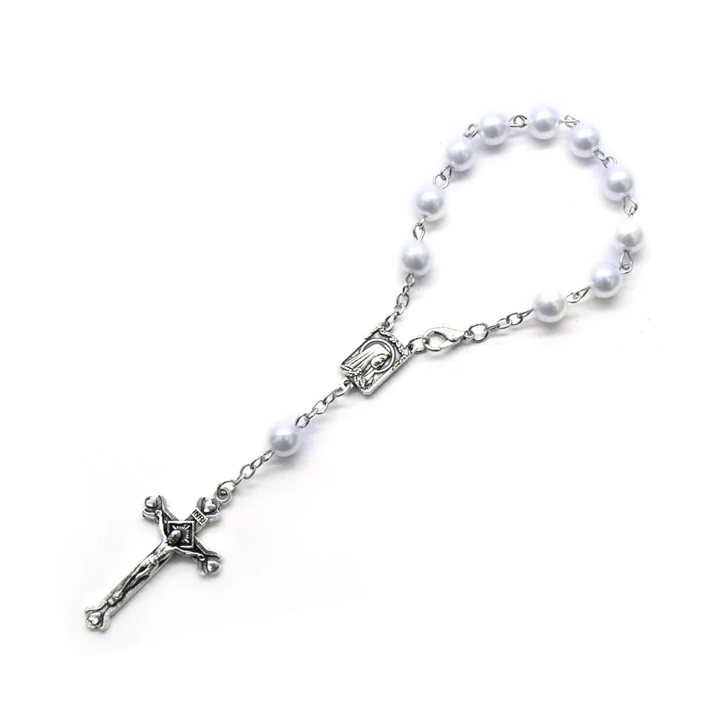 QIGO Car Rosary One Decade Imitation Pearl Glass Beads Cross Pendant Bracelets For Men Women