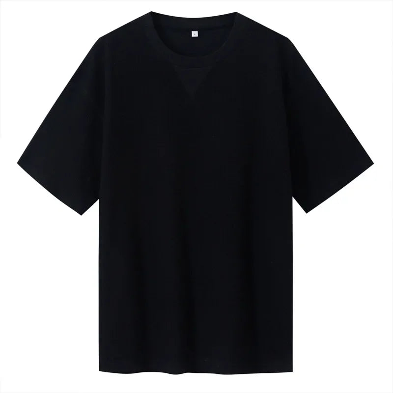 2026 New Men's Summer T Shirt 220g Waffle Round Neck T-shirt Solid Color Loose Simple Short Sleeve Top T Shirts