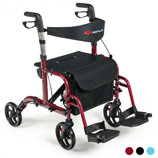 2-in-1 Adjustable Folding Handle Rollator Walker with Storage Space-Blue