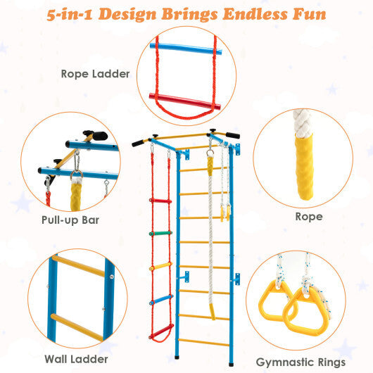 7 In 1 Kids Indoor Gym Playground Swedish Wall Ladder for Solid Wall-Yellow