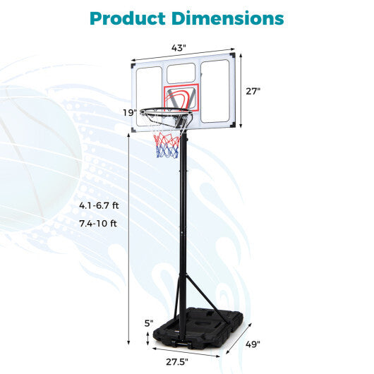 4.1-10 Feet Portable Basketball Hoop 18-Level Adjustable with Heavy Duty Fillable Base