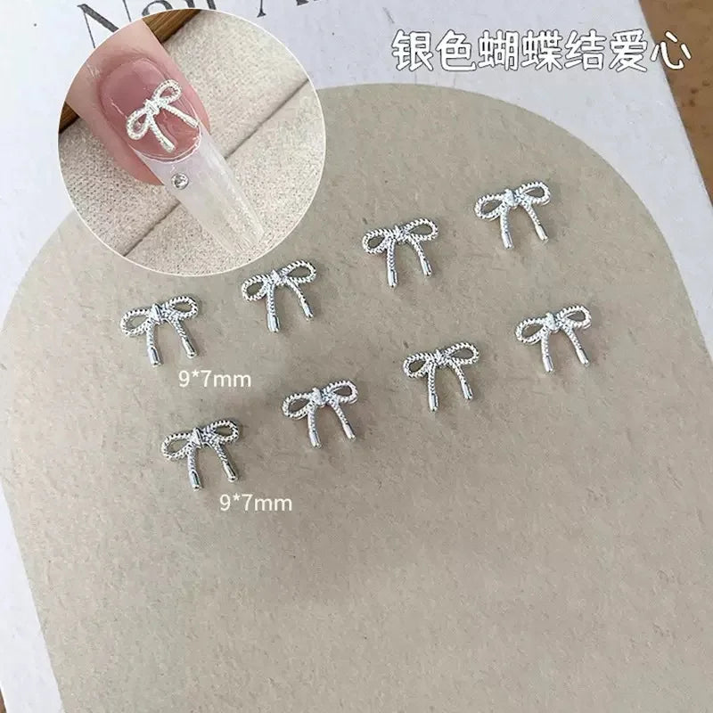2Sizes Bowtie Love Nail Parts Nail Charms Korea Mini Silver Ribbon Bow tie Alloy Nail Art Accessories 3D Luxury Nail Decorations
