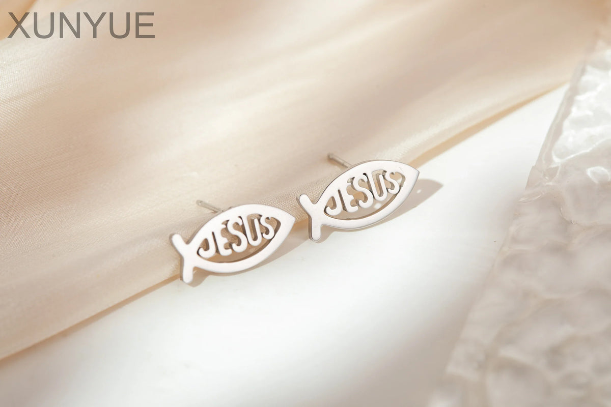 Vintage Stainless Steel Fish Shape JESUS Earrings Christian Symbol Jesus Ear Studs Fish Pendant For Unisex