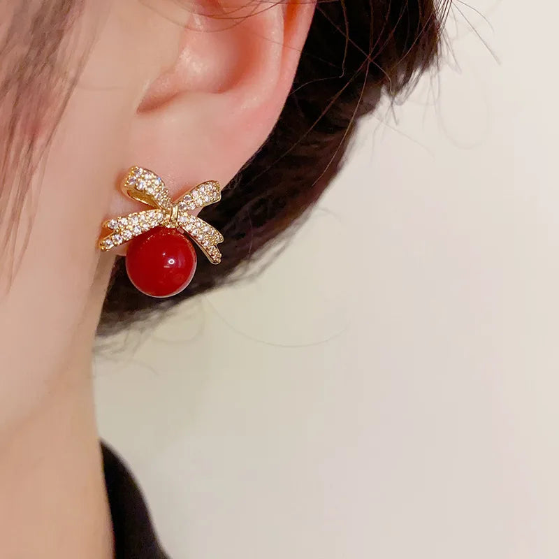 Sparkling Rhinestone Bow Pearl Stud Earrings Light Luxury Fashion Jewelry Women Gifts Wedding Birthday